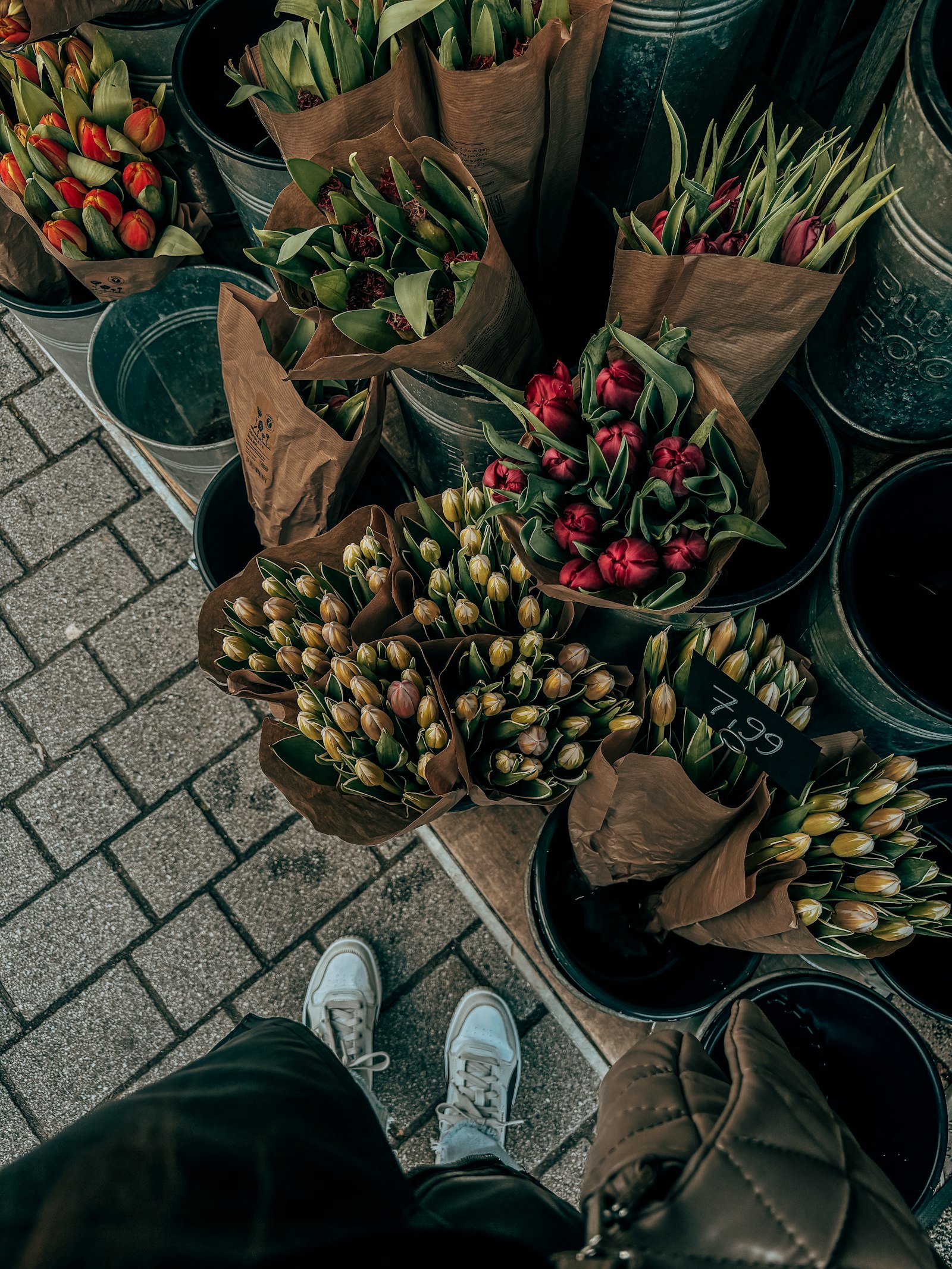 Buckets of cut stems by the shop window